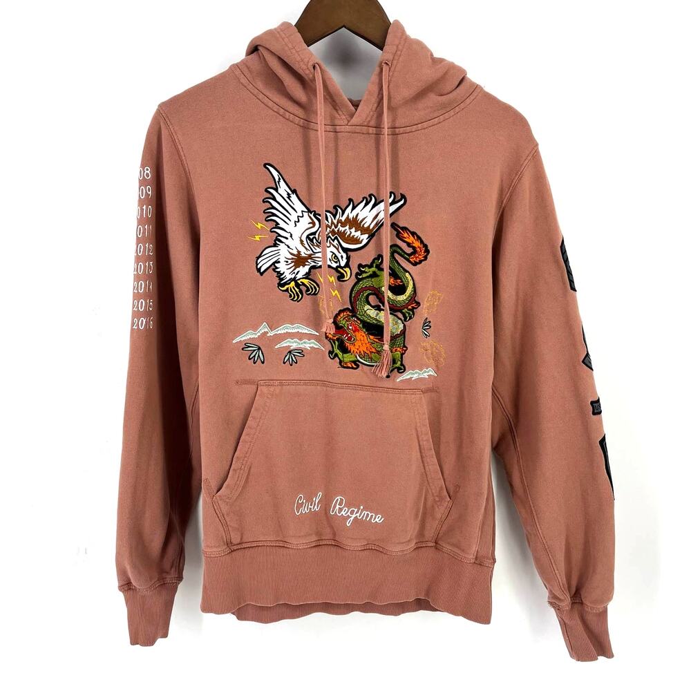 Civil Regime Eagle Dragon Military Styled Hoodie Mens Size Small Dusty Rose